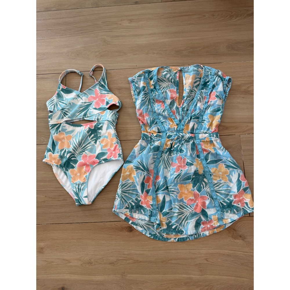 Abercrombie Kids Tropical Floral Swimsuit & Cover Up Dress Set Blue Orange 9/10